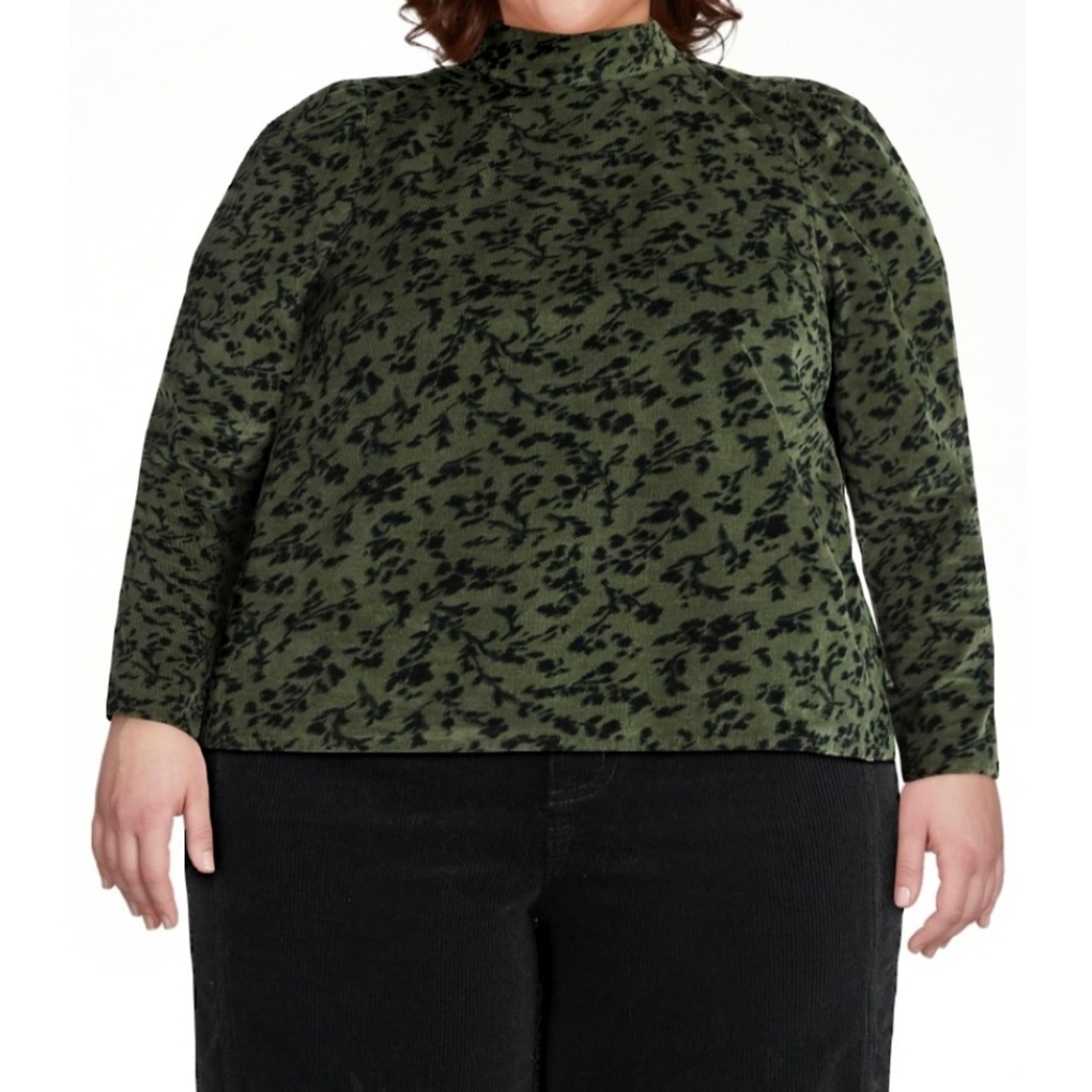 Time and Tru Women's Corduroy Mock Neck Floral Blouse XXL 20 Olive Oak